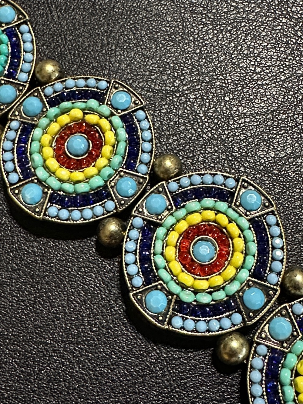 Bronze Tone Medallion Style Multicolored Bead Inlay Bracelet - Picture 4 of 16